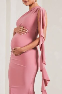 Rosalie | Blush Pink One-Shoulder Maternity Maxi Dress With Ruffles -ENY Clothing Shop WB CL129579081 RosalieBlushPinkOne ShoulderMaternityMaxiDressWithRuffles6
