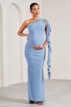 Rosalie | Cornflower Blue One-Shoulder Maternity Maxi Dress With Ruffles -ENY Clothing Shop WB CL129579115 RosalieCornflowerBlueOne ShoulderMaternityMaxiDressWithRufflesCORNFLOWERBLUE3