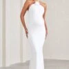 Loving | White Halter-Neck Maternity Maxi Dress With Flower Corsage -ENY Clothing Shop WB CL129581005 LovingWhiteHalter NeckMaternityMaxiDressWithFlowerCorsage0