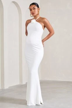 Loving | White Halter-Neck Maternity Maxi Dress With Flower Corsage -ENY Clothing Shop WB CL129581005 LovingWhiteHalter NeckMaternityMaxiDressWithFlowerCorsage1