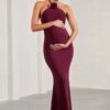 Loving | Burgundy Halter-Neck Maternity Maxi Dress With Flower Corsage -ENY Clothing Shop WB CL129581069 LovingBurgundyHalter NeckMaternityMaxiDressWithFlowerCorsage0