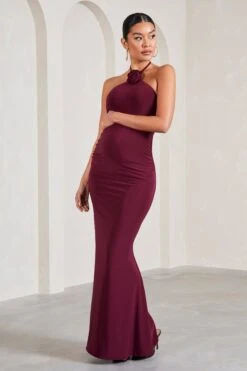 Loving | Burgundy Halter-Neck Maternity Maxi Dress With Flower Corsage -ENY Clothing Shop WB CL129581069 LovingBurgundyHalter NeckMaternityMaxiDressWithFlowerCorsage3