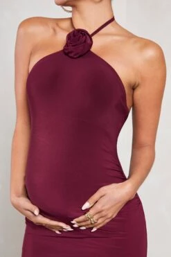 Loving | Burgundy Halter-Neck Maternity Maxi Dress With Flower Corsage -ENY Clothing Shop WB CL129581069 LovingBurgundyHalter NeckMaternityMaxiDressWithFlowerCorsage6