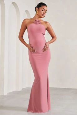 Loving | Blush Pink Halter-Neck Maternity Maxi Dress With Flower Corsage -ENY Clothing Shop WB CL129581081 LovingBlushPinkHalter NeckMaternityMaxiDressWithFlowerCorsage1