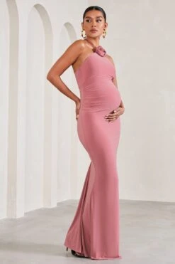 Loving | Blush Pink Halter-Neck Maternity Maxi Dress With Flower Corsage -ENY Clothing Shop WB CL129581081 LovingBlushPinkHalter NeckMaternityMaxiDressWithFlowerCorsage2