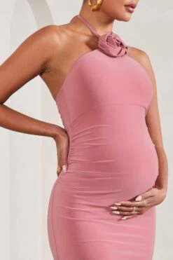 Loving | Blush Pink Halter-Neck Maternity Maxi Dress With Flower Corsage -ENY Clothing Shop WB CL129581081 LovingBlushPinkHalter NeckMaternityMaxiDressWithFlowerCorsage3