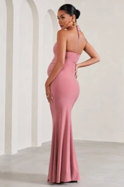 Loving | Blush Pink Halter-Neck Maternity Maxi Dress With Flower Corsage -ENY Clothing Shop WB CL129581081 LovingBlushPinkHalter NeckMaternityMaxiDressWithFlowerCorsage4