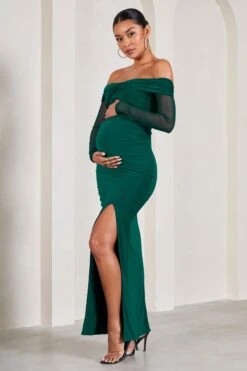 Elsie | Bottle Green Bardot Long-Sleeved Maternity Maxi Dress -ENY Clothing Shop WB CL129582047 ElsieBottleGreenBardotLong SleevedMaternityMaxiDress1