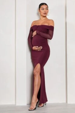 Elsie | Burgundy Bardot Long-Sleeved Maternity Maxi Dress -ENY Clothing Shop WB CL129582069 ElsieBurgundyBardotLong SleevedMaternityMaxiDress2