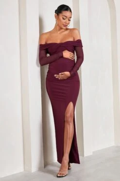 Elsie | Burgundy Bardot Long-Sleeved Maternity Maxi Dress -ENY Clothing Shop WB CL129582069 ElsieBurgundyBardotLong SleevedMaternityMaxiDress3