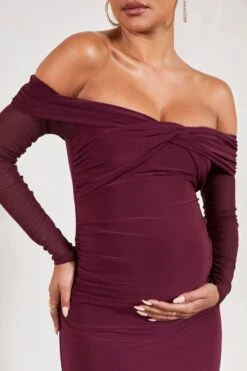 Elsie | Burgundy Bardot Long-Sleeved Maternity Maxi Dress -ENY Clothing Shop WB CL129582069 ElsieBurgundyBardotLong SleevedMaternityMaxiDress4
