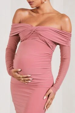 Elsie | Blush Pink Bardot Long-Sleeved Maternity Maxi Dress -ENY Clothing Shop WB CL129582081 ElsieBlushPinkBardotLong SleevedMaternityMaxiDress3
