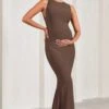 Riley | Chocolate Ruched Sleeveless Open-Back Maternity Maxi Dress -ENY Clothing Shop WB CL129584067 RileyChocolateRuchedSleevelessOpen BackMaternityMaxiDressDECADENTCHOCOLATE1