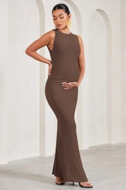 Riley | Chocolate Ruched Sleeveless Open-Back Maternity Maxi Dress -ENY Clothing Shop WB CL129584067 RileyChocolateRuchedSleevelessOpen BackMaternityMaxiDressDECADENTCHOCOLATE2