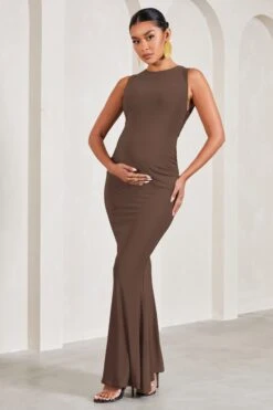 Riley | Chocolate Ruched Sleeveless Open-Back Maternity Maxi Dress -ENY Clothing Shop WB CL129584067 RileyChocolateRuchedSleevelessOpen BackMaternityMaxiDressDECADENTCHOCOLATE3