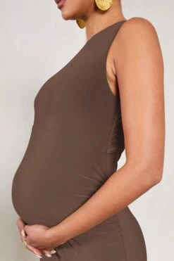 Riley | Chocolate Ruched Sleeveless Open-Back Maternity Maxi Dress -ENY Clothing Shop WB CL129584067 RileyChocolateRuchedSleevelessOpen BackMaternityMaxiDressDECADENTCHOCOLATE4