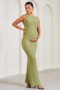 Riley | Olive Ruched Sleeveless Open-Back Maternity Maxi Dress -ENY Clothing Shop WB CL129584113 RileyOliveRuchedSleevelessOpen BackMaternityMaxiDress2