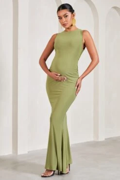 Riley | Olive Ruched Sleeveless Open-Back Maternity Maxi Dress -ENY Clothing Shop WB CL129584113 RileyOliveRuchedSleevelessOpen BackMaternityMaxiDress3