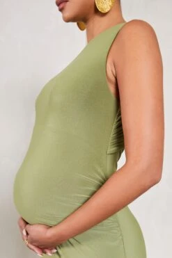 Riley | Olive Ruched Sleeveless Open-Back Maternity Maxi Dress -ENY Clothing Shop WB CL129584113 RileyOliveRuchedSleevelessOpen BackMaternityMaxiDress4