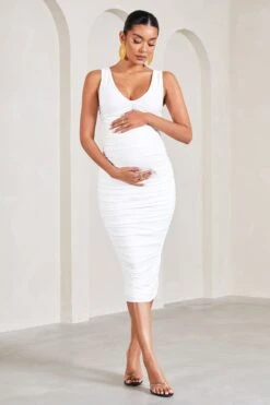 The Glow | White Ruched Scoop-Neck Sleeveless Maternity Midi Dress -ENY Clothing Shop WB CL129585005 TheGlowWhiteRuchedScoop NeckSleevelessMaternityMidiDress1