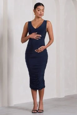 The Glow | Navy Ruched Scoop-Neck Sleeveless Maternity Midi Dress -ENY Clothing Shop WB CL129585015 TheGlowNavyRuchedScoop NeckSleevelessMaternityMidiDress1