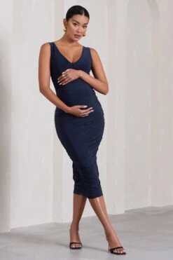 The Glow | Navy Ruched Scoop-Neck Sleeveless Maternity Midi Dress -ENY Clothing Shop WB CL129585015 TheGlowNavyRuchedScoop NeckSleevelessMaternityMidiDress4