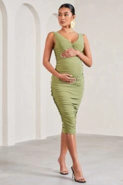 The Glow | Olive Ruched Scoop-Neck Sleeveless Maternity Midi Dress -ENY Clothing Shop WB CL129585113 TheGlowOliveRuchedScoop NeckSleevelessMaternityMidiDress3