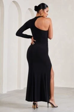 Heidi | Black One-Sleeved Split Maternity Maxi Dress -ENY Clothing Shop WB CL129586002 HeidiBlackOne SleevedSplitMaternityMaxiDress5