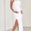Heidi | White One-Sleeved Split Maternity Maxi Dress -ENY Clothing Shop WB CL129586005 HeidiWhiteOne SleevedSplitMaternityMaxiDress0