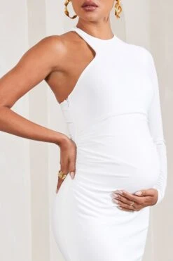 Heidi | White One-Sleeved Split Maternity Maxi Dress -ENY Clothing Shop WB CL129586005 HeidiWhiteOne SleevedSplitMaternityMaxiDress4