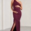 Make My Day | Burgundy One-Shoulder Ruched Split Maternity Maxi Dress -ENY Clothing Shop WB CL129587069 MakeMyDayBurgundyOne ShoulderRuchedSplitMaternityMaxiDress1