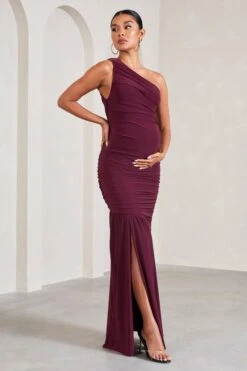 Make My Day | Burgundy One-Shoulder Ruched Split Maternity Maxi Dress -ENY Clothing Shop WB CL129587069 MakeMyDayBurgundyOne ShoulderRuchedSplitMaternityMaxiDress2