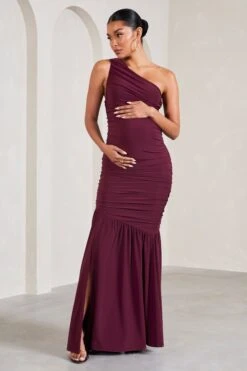 Make My Day | Burgundy One-Shoulder Ruched Split Maternity Maxi Dress -ENY Clothing Shop WB CL129587069 MakeMyDayBurgundyOne ShoulderRuchedSplitMaternityMaxiDress3