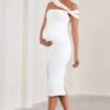 Just Wait | White Asymmetric Strappy Maternity Midi Dress With Drape