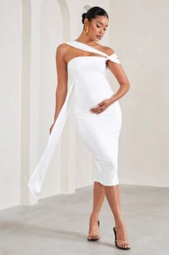 Just Wait | White Asymmetric Strappy Maternity Midi Dress With Drape -ENY Clothing Shop WB CL129588005 JustWaitWhiteAsymmetricStrappyMaternityMidiDressWithDrape1