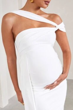 Just Wait | White Asymmetric Strappy Maternity Midi Dress With Drape -ENY Clothing Shop WB CL129588005 JustWaitWhiteAsymmetricStrappyMaternityMidiDressWithDrape5