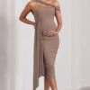 Just Wait | Mocha Asymmetric Strappy Maternity Midi Dress With Drape 2 Just Wait | Mocha Asymmetric Strappy Maternity Midi Dress With Drape -ENY Clothing Shop WB CL129588038 JustWaitMochaAsymmetricStrappyMaternityMidiDressWithDrape0