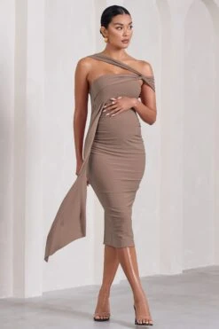 Just Wait | Mocha Asymmetric Strappy Maternity Midi Dress With Drape -ENY Clothing Shop WB CL129588038 JustWaitMochaAsymmetricStrappyMaternityMidiDressWithDrape2