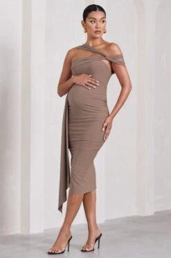 Just Wait | Mocha Asymmetric Strappy Maternity Midi Dress With Drape -ENY Clothing Shop WB CL129588038 JustWaitMochaAsymmetricStrappyMaternityMidiDressWithDrape3