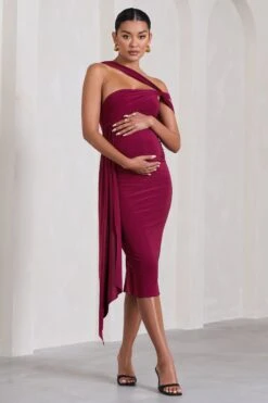 Just Wait | Berry Asymmetric Strappy Maternity Midi Dress With Drape -ENY Clothing Shop WB CL129588069 JustWaitBerryAsymmetricStrappyMaternityMidiDressWithDrape7