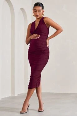 Mabel | Burgundy Cowl-Neck Ruched Maternity Midi Dress -ENY Clothing Shop WB CL129590069 MabelBurgundyCowl NeckRuchedMaternityMaxiDressBURGUNDY1