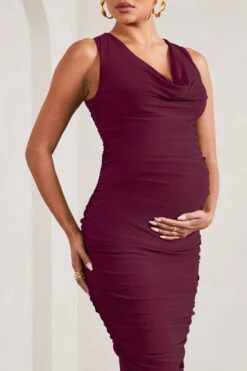 Mabel | Burgundy Cowl-Neck Ruched Maternity Midi Dress -ENY Clothing Shop WB CL129590069 MabelBurgundyCowl NeckRuchedMaternityMaxiDressBURGUNDY3