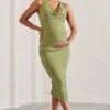 Mabel | Olive Cowl-Neck Ruched Maternity Midi Dress