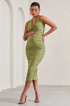 Mabel | Olive Cowl-Neck Ruched Maternity Midi Dress 10 Mabel | Olive Cowl-Neck Ruched Maternity Midi Dress -ENY Clothing Shop WB CL129590113 MabelOliveCowl NeckRuchedMaternityMaxiDress2