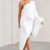 With A Flourish | White Asymmetric One-Sleeved Maternity Maxi Dress With Feathers -ENY Clothing Shop WB CL129592005 WithAFlourishWhiteAsymmetricOne SleevedMaternityMaxiDressWithFeathers0