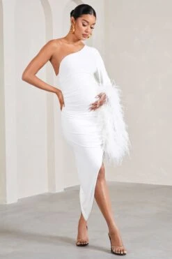 With A Flourish | White Asymmetric One-Sleeved Maternity Maxi Dress With Feathers -ENY Clothing Shop WB CL129592005 WithAFlourishWhiteAsymmetricOne SleevedMaternityMaxiDressWithFeathers1