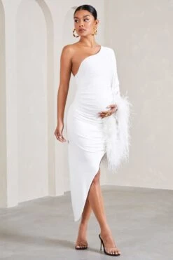 With A Flourish | White Asymmetric One-Sleeved Maternity Maxi Dress With Feathers -ENY Clothing Shop WB CL129592005 WithAFlourishWhiteAsymmetricOne SleevedMaternityMaxiDressWithFeathers2