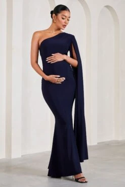 Amara | Navy One-Shoulder Maternity Maxi Dress With Cape -ENY Clothing Shop WB CL129596015 AmaraNavyOne ShoulderMaternityMaxiDressWithCape1