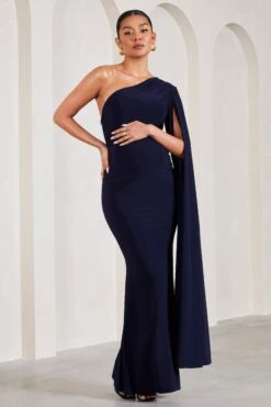 Amara | Navy One-Shoulder Maternity Maxi Dress With Cape -ENY Clothing Shop WB CL129596015 AmaraNavyOne ShoulderMaternityMaxiDressWithCape4