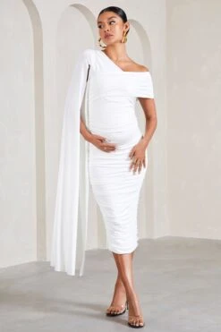 Serenity | White Ruched Asymmetric Maternity Midi Dress With Cape -ENY Clothing Shop WB CL129597005 SerenityWhiteRuchedAsymmetricMaternityMidiDressWithCape1